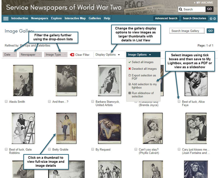 Galleries can be filtered by date, newspaper and image type.